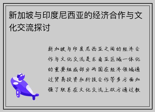 新加坡与印度尼西亚的经济合作与文化交流探讨