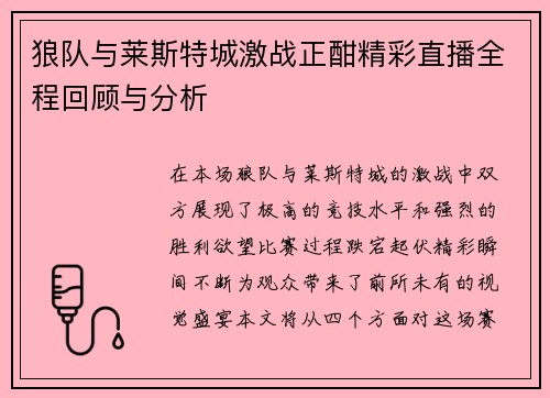狼队与莱斯特城激战正酣精彩直播全程回顾与分析