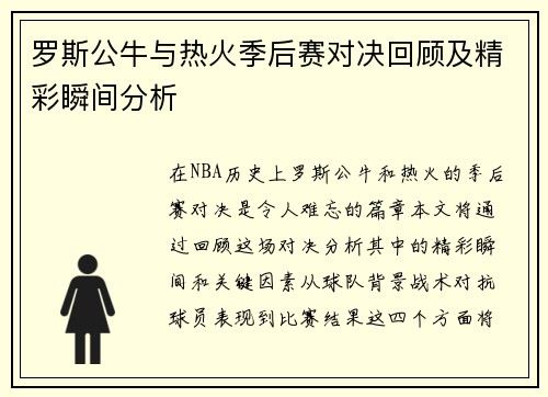罗斯公牛与热火季后赛对决回顾及精彩瞬间分析