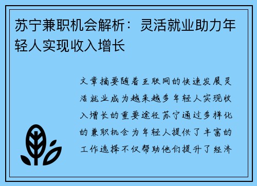 苏宁兼职机会解析：灵活就业助力年轻人实现收入增长