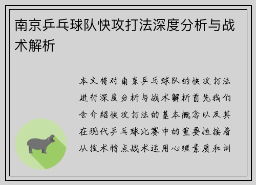 南京乒乓球队快攻打法深度分析与战术解析
