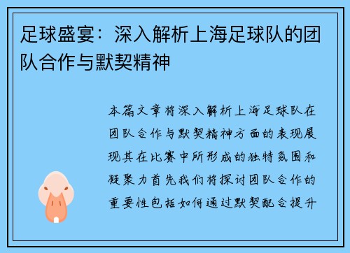 足球盛宴：深入解析上海足球队的团队合作与默契精神