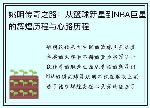 姚明传奇之路：从篮球新星到NBA巨星的辉煌历程与心路历程