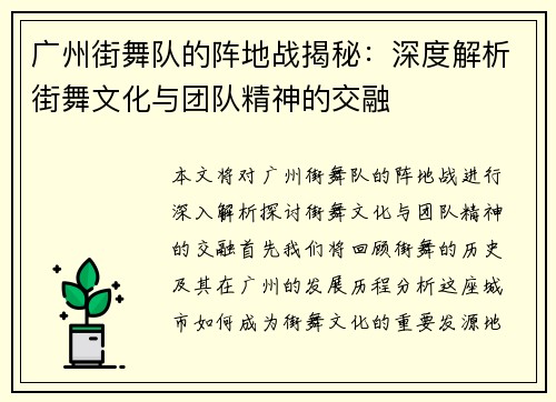 广州街舞队的阵地战揭秘：深度解析街舞文化与团队精神的交融