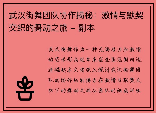 武汉街舞团队协作揭秘：激情与默契交织的舞动之旅 - 副本